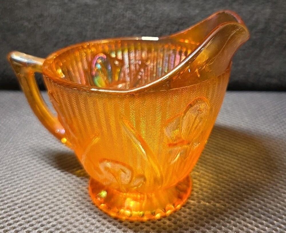 Iridescent Marigold Jeannette Iris & Herringbone Creamer Carnival Glass